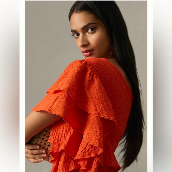 NWT By Anthropologie One Shoulder Ruffle Top Orange in Sz L - Picture 3 of 10